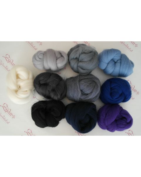 Sample set Blue/Black, 25 gram van iedere lontwol kleur (10 totaal)